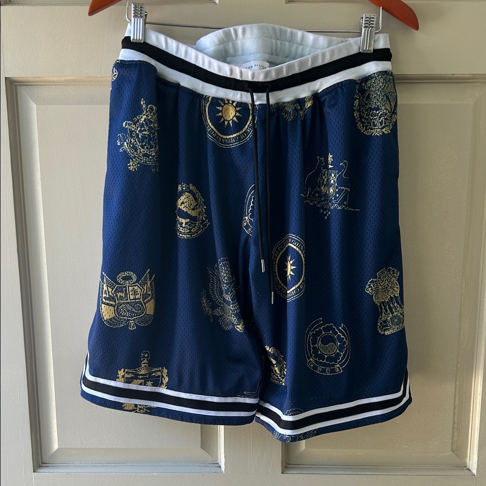 John Elliott Navy Athletic Shorts with Gold Crest Print